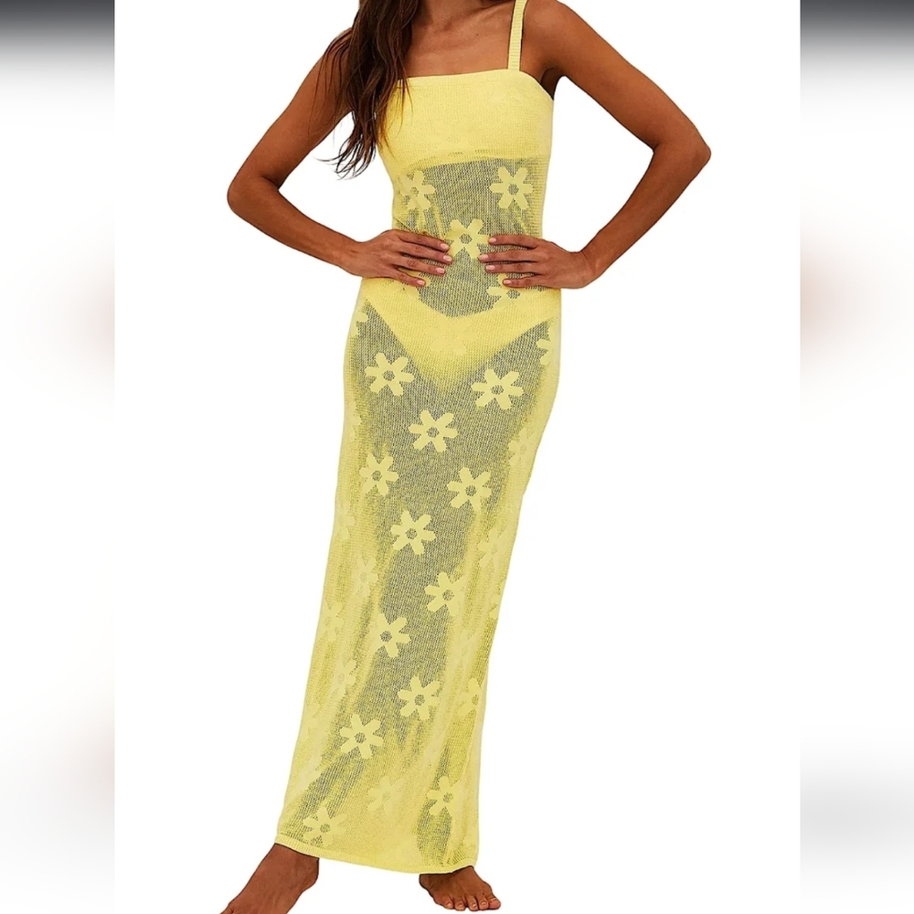 Beach Riot Yellow Floral Mesh Swim Coverup Dress